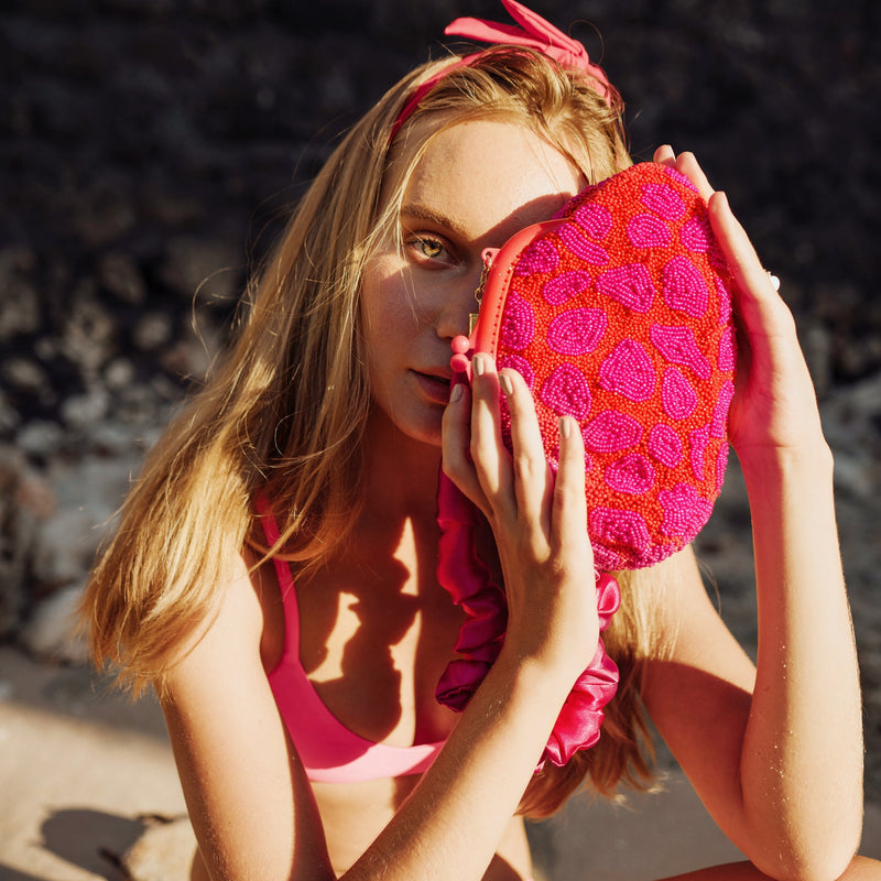 ARNOLDI JEAN Hand-Beaded Clutch, in Red & Pink - ourCommonplace