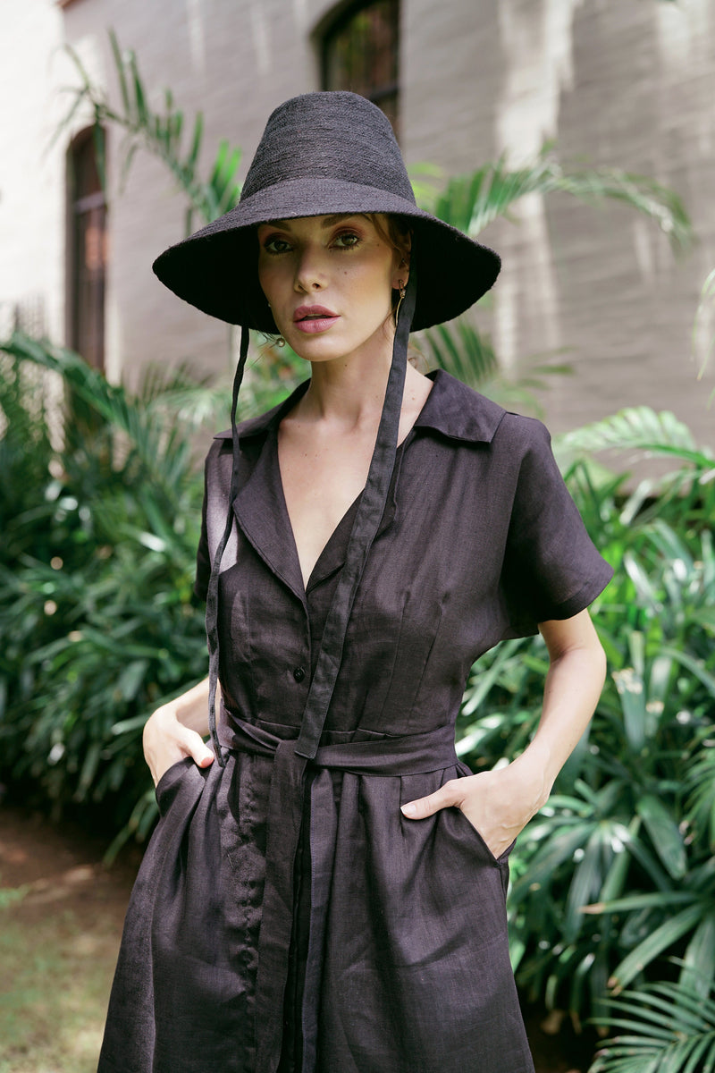 ARYA Safari Linen Midi Dress, in Black - ourCommonplace