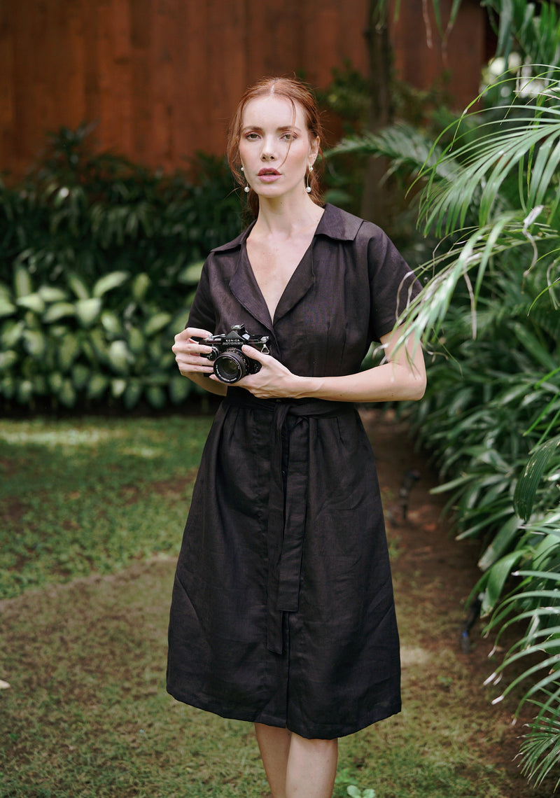 ARYA Safari Linen Midi Dress, in Black - ourCommonplace