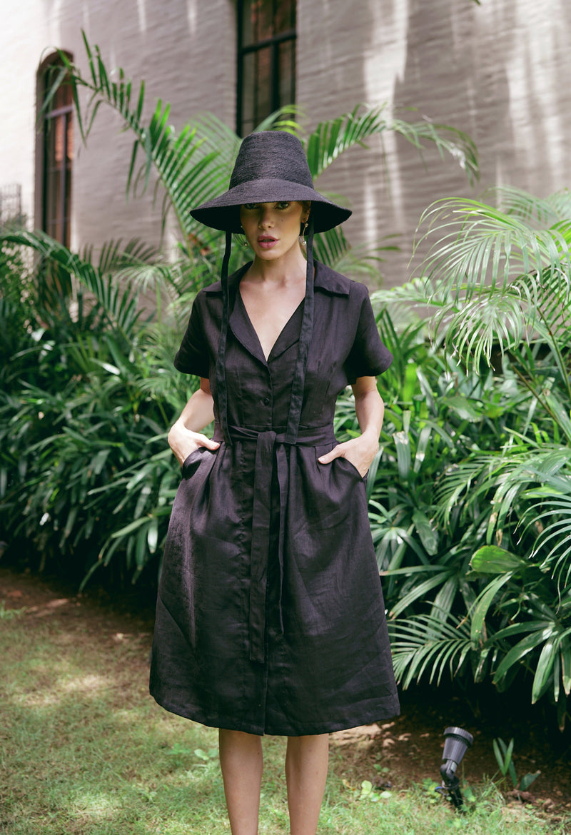 ARYA Safari Linen Midi Dress, in Black - ourCommonplace