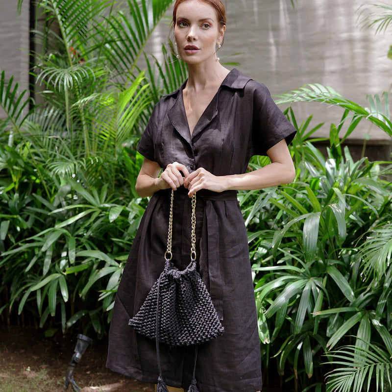 safari linen dress The Safari Linen Wrap Dress Black