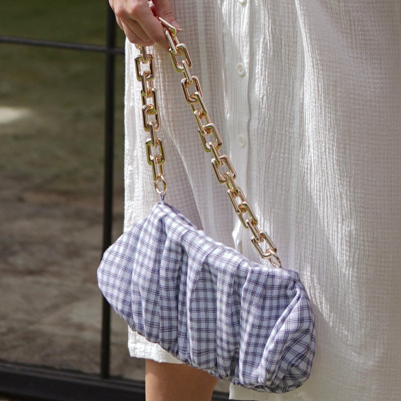 AWAN Ruffle Bag, in Navy Blue Gingham - ourCommonplace