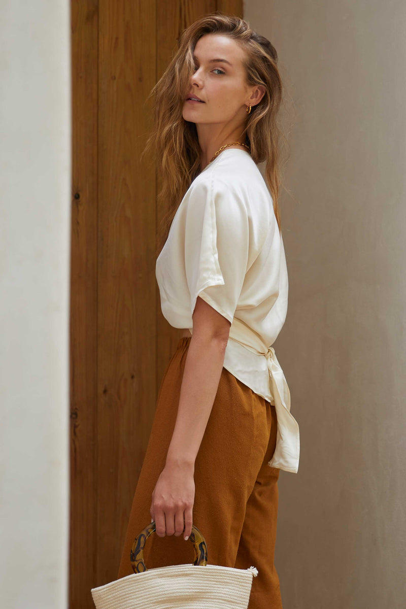 Washed Silk Wrap Blouse In Creme - ourCommonplace