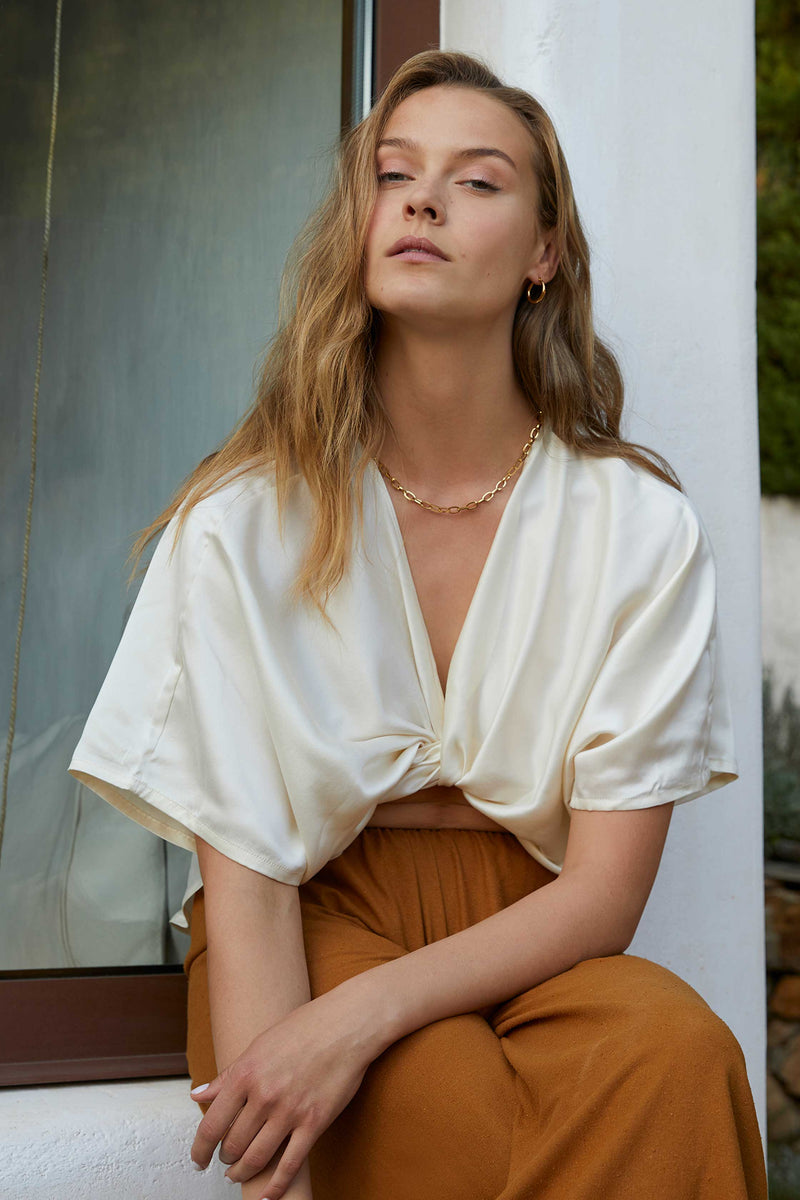 Washed Silk Wrap Blouse In Creme - ourCommonplace