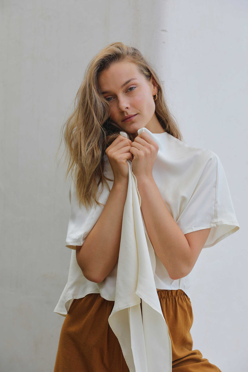 Washed Silk Wrap Blouse In Creme - ourCommonplace