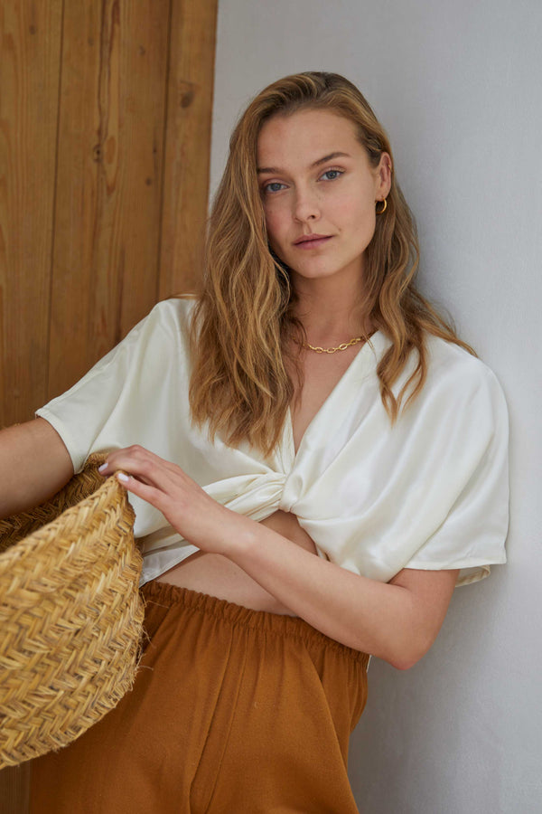 Washed Silk Wrap Blouse In Creme - ourCommonplace