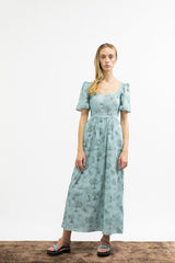 Beatrice Maxi Dress With Sweetheart Neckline / Cottage Blue + Pewter Green Cotton Toile - ourCommonplace