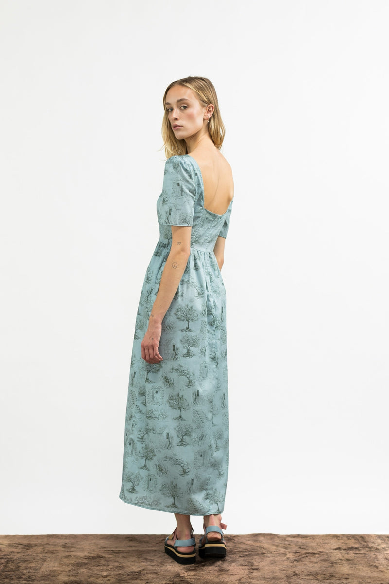 Beatrice Maxi Dress With Sweetheart Neckline / Cottage Blue + Pewter Green Cotton Toile - ourCommonplace