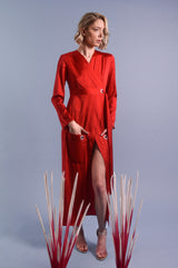 Red Silk Shirt Dress With Front Pockets - ourCommonplace