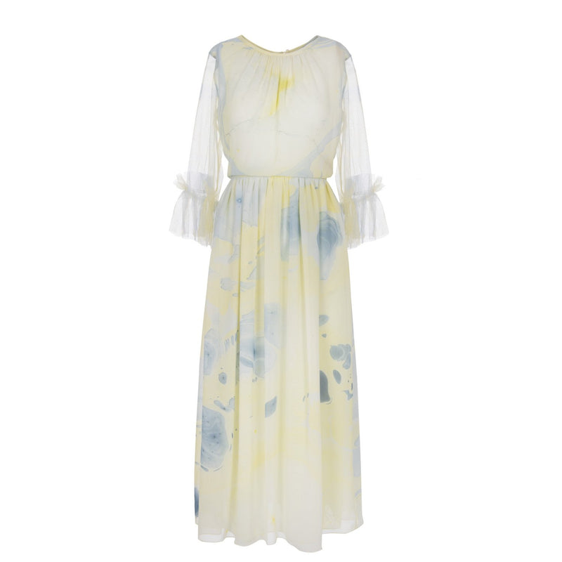 Silk Hand Marbled Gather Dress - Yellow & Blue - ourCommonplace