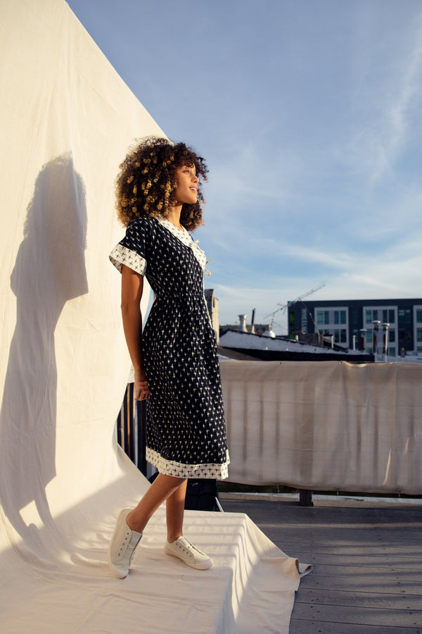Sara Kimono Dress / Milky White & Black Contrast Cotton - ourCommonplace