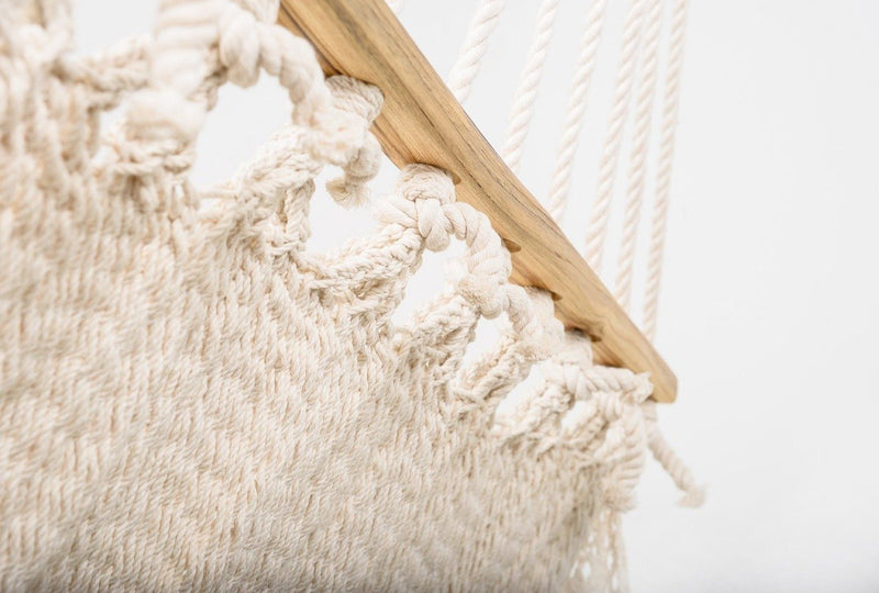 Boho Natural Cotton Hammock With Geometric Fringe (Wooden Bar) - ourCommonplace