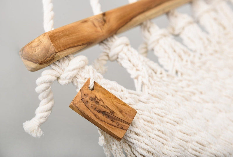 Boho Natural Cotton Hammock With Geometric Fringe (Wooden Bar) - ourCommonplace