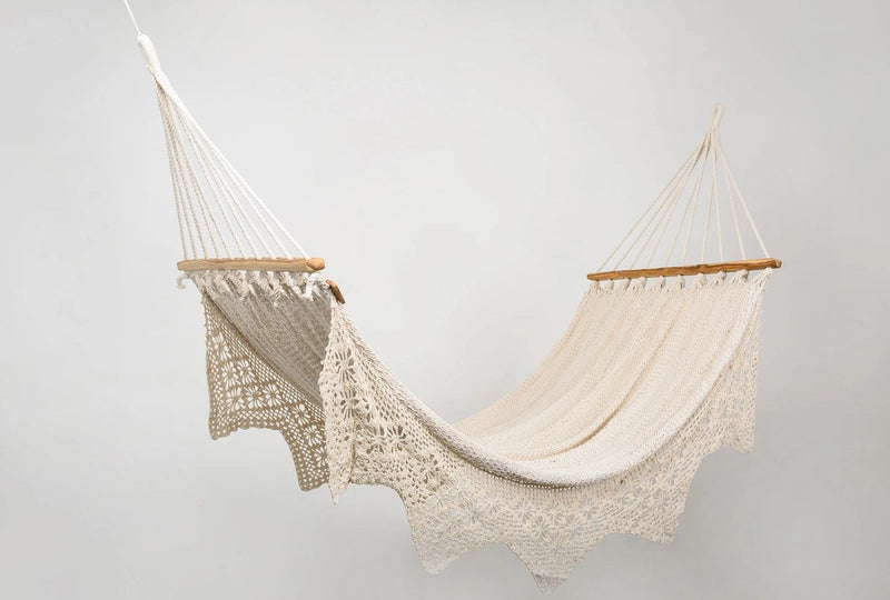 Boho Natural Cotton Hammock With Geometric Fringe (Wooden Bar) - ourCommonplace