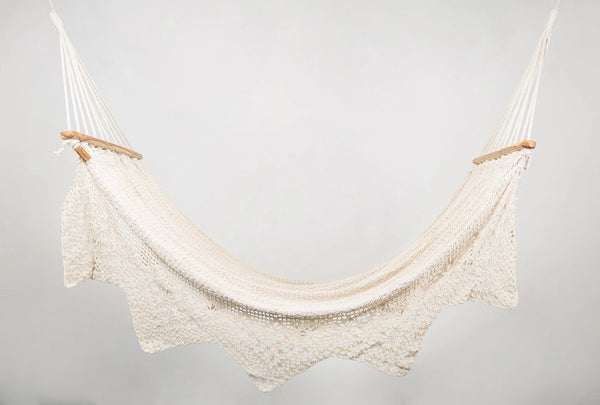 Boho Natural Cotton Hammock With Geometric Fringe (Wooden Bar) - ourCommonplace