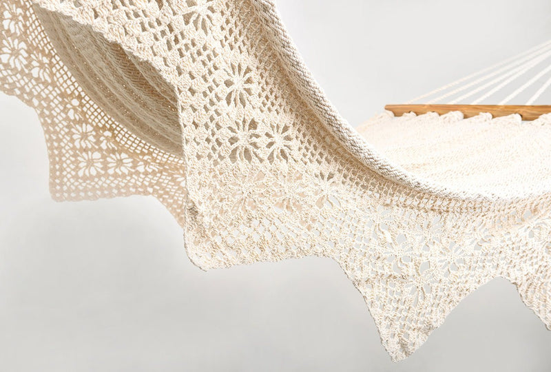 Boho Natural Cotton Hammock With Geometric Fringe (Wooden Bar) - ourCommonplace