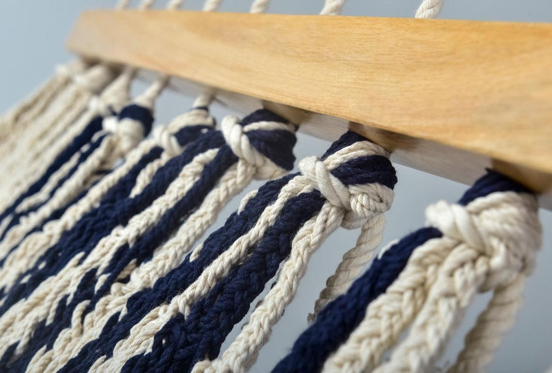 Colonial Navy Blue Cotton Hammock With Tassels (Wooden Bar) - ourCommonplace