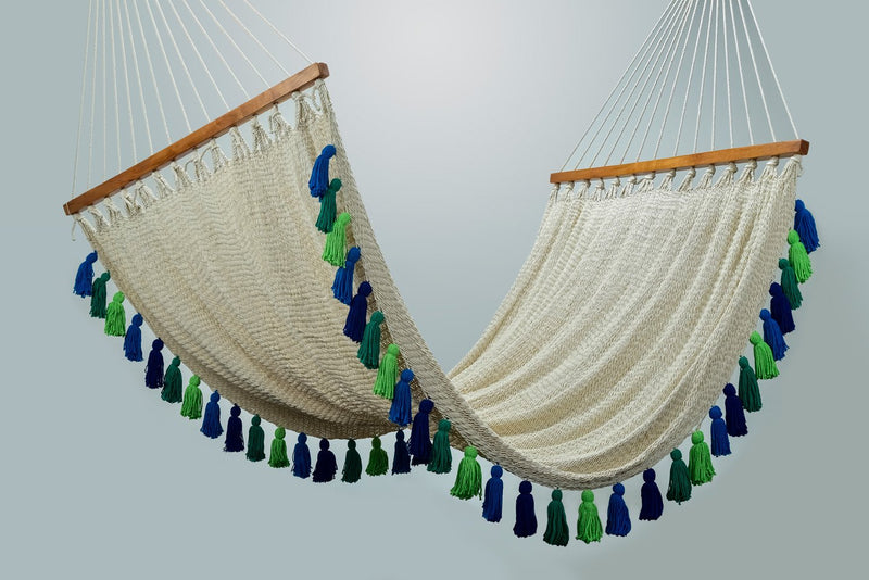 Deluxe Natural Cotton Hammock With Rainforest Inspired Tassels (Wooden Bar) - ourCommonplace