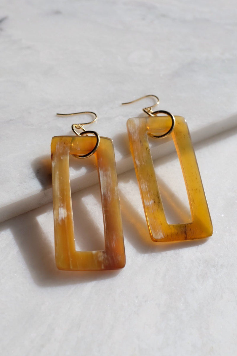 Hue 16K Gold Plated Rectangular Honey-Colored Buffalo Horn Earrings - ourCommonplace