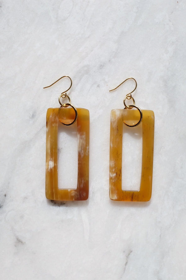 Hue 16K Gold Plated Rectangular Honey-Colored Buffalo Horn Earrings - ourCommonplace