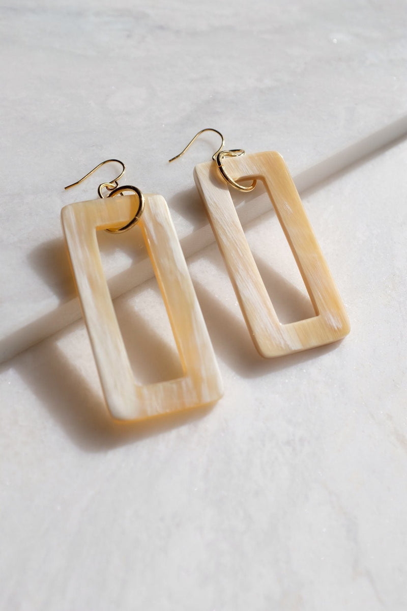 Hue 16K Gold Plated Milk-Colored Rectangular Genuine Horns Earrings - ourCommonplace
