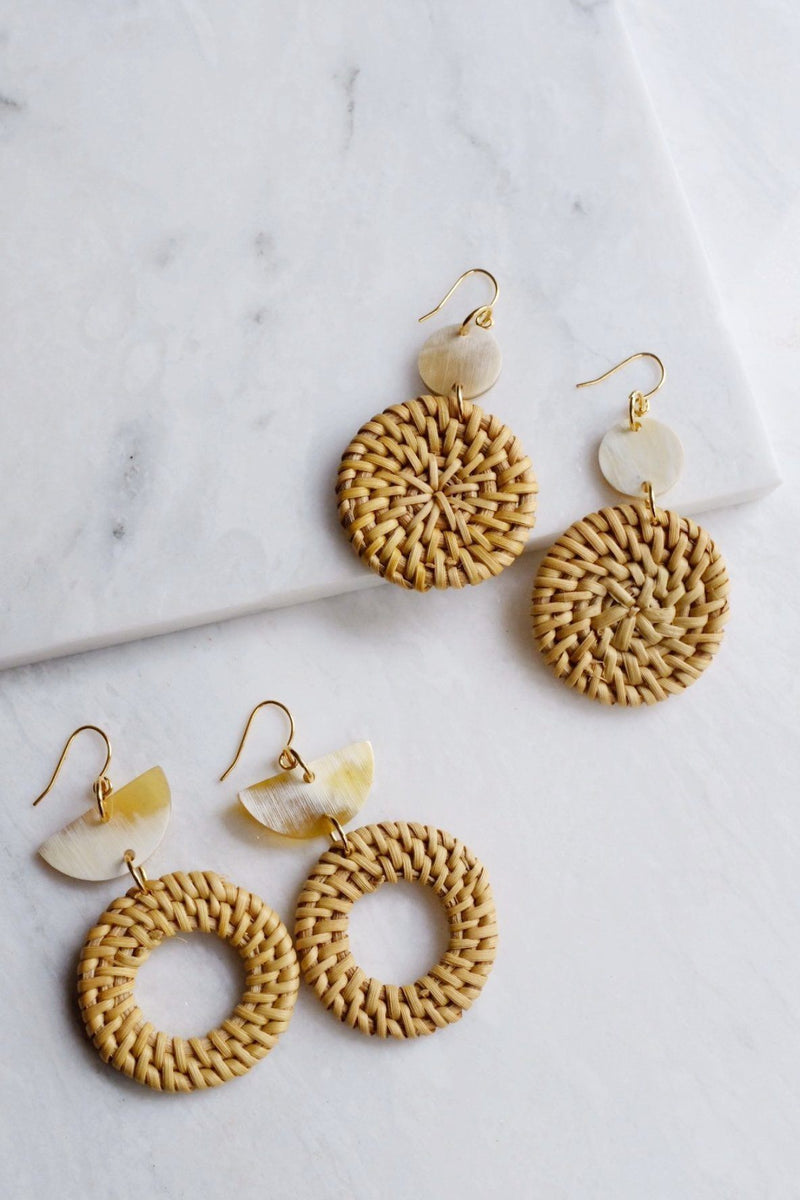 Hoa Lu 16K Gold Plated Natural Rattan (Straw/Wicker) & Buffalo Horns Earrings - ourCommonplace