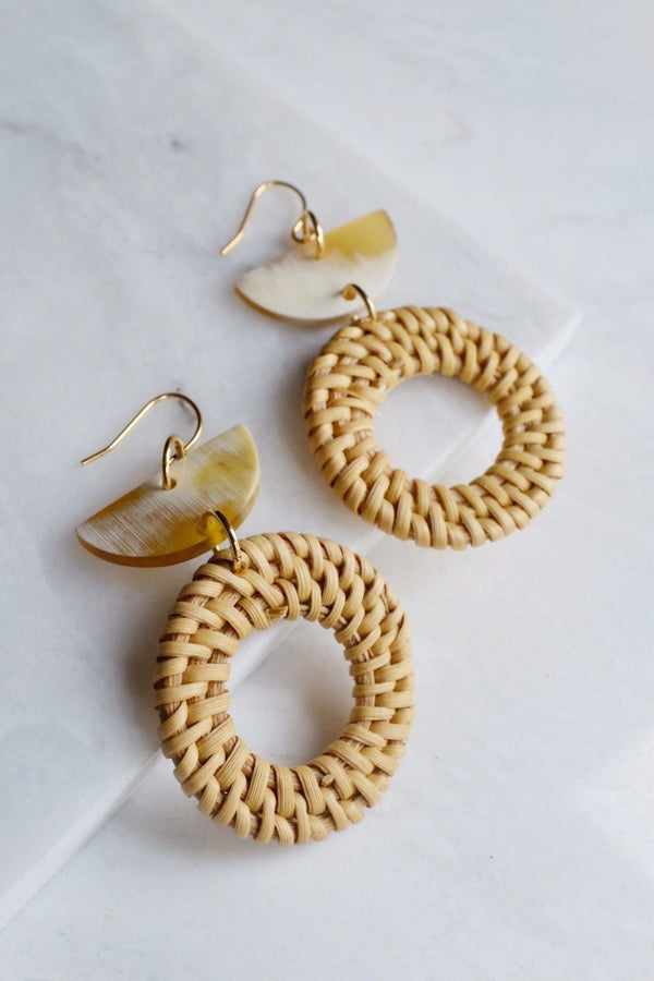 Ninh Binh 16K Gold Plated Rattan (Straw/Wicker) & Crescent Buffalo Horns Earrings - ourCommonplace
