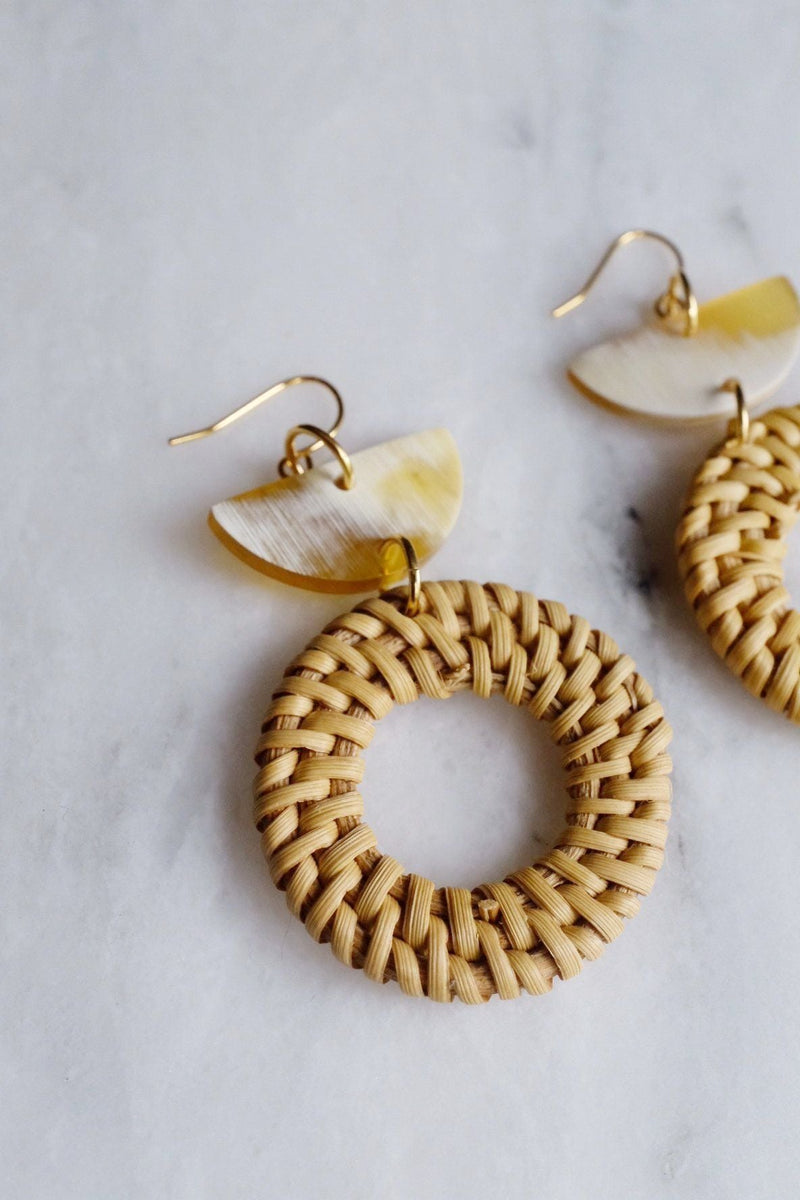 Ninh Binh 16K Gold Plated Rattan (Straw/Wicker) & Crescent Buffalo Horns Earrings - ourCommonplace