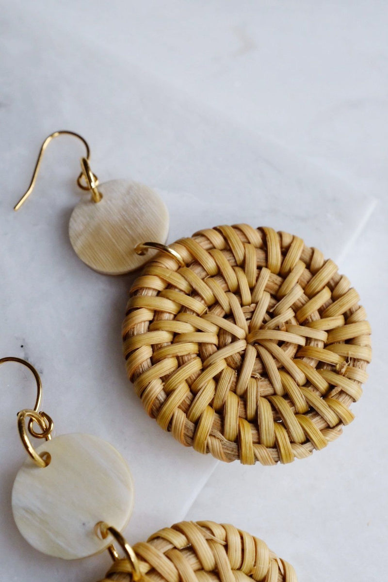 Hoa Lu 16K Gold Plated Natural Rattan (Straw/Wicker) & Buffalo Horns Earrings - ourCommonplace