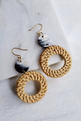 Nam Dinh 16K Gold Plated Natural Rattan (Straw/Wicker) & Black - White Flecks Buffalo Horns Earrings - ourCommonplace