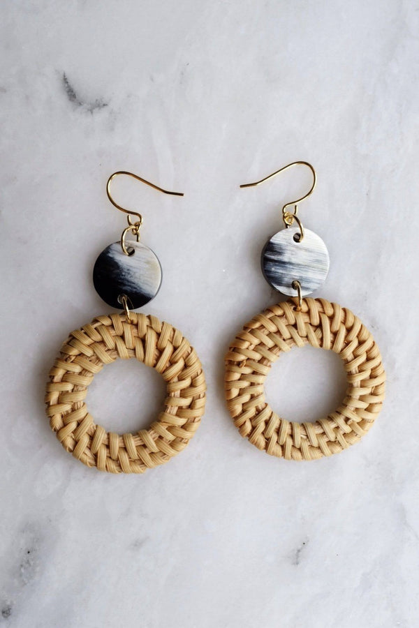 Nam Dinh 16K Gold Plated Natural Rattan (Straw/Wicker) & Black - White Flecks Buffalo Horns Earrings - ourCommonplace