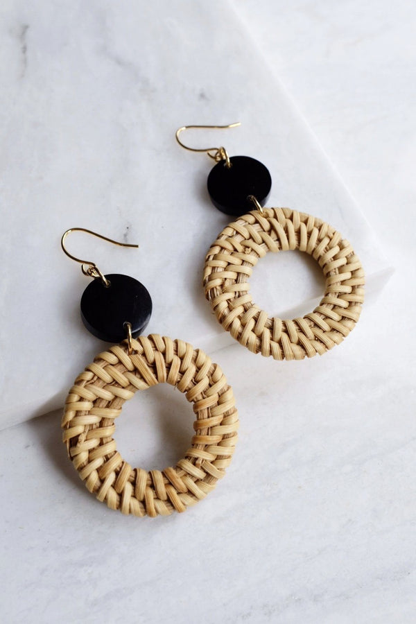 Nam Dinh 16K Gold Plated Natural Rattan (Straw/Wicker) & Solid Black Buffalo Horns Earrings - ourCommonplace