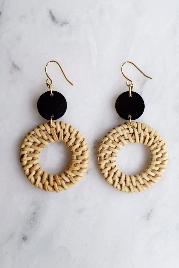 Nam Dinh 16K Gold Plated Natural Rattan (Straw/Wicker) & Solid Black Buffalo Horns Earrings - ourCommonplace