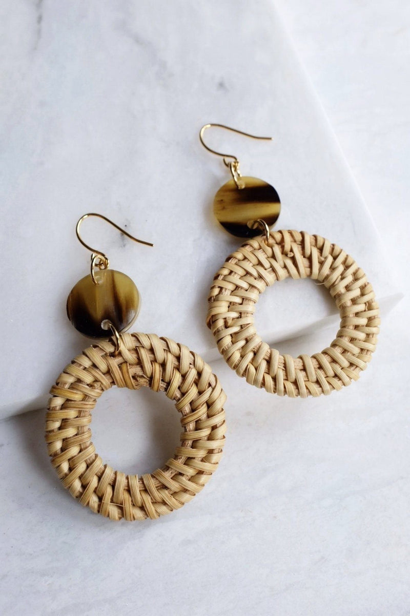 Nam Dinh 16K Gold Plated Natural Rattan (Straw/Wicker) & Brown Buffalo Horns Earrings - ourCommonplace