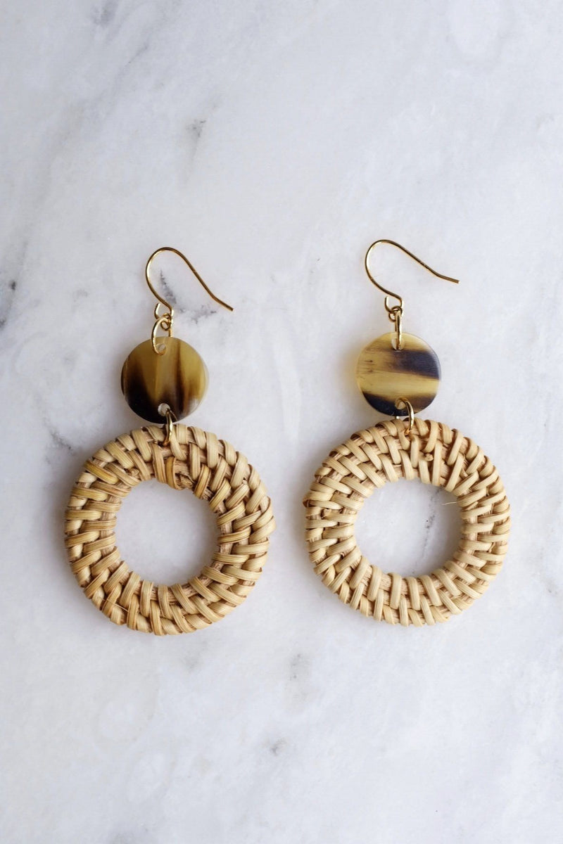 Nam Dinh 16K Gold Plated Natural Rattan (Straw/Wicker) & Brown Buffalo Horns Earrings - ourCommonplace