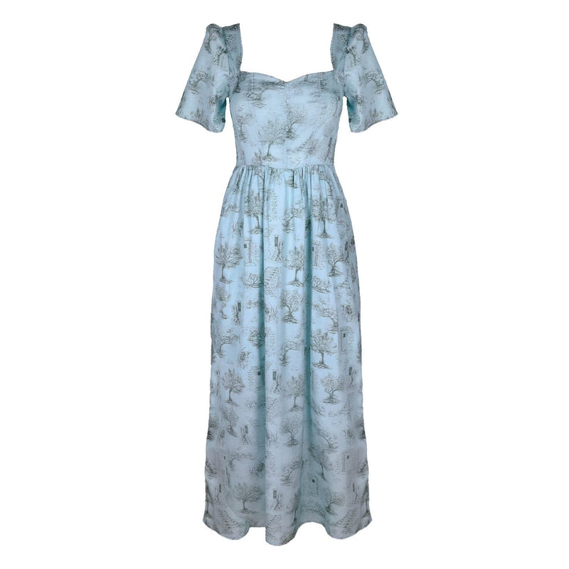 Beatrice Maxi Dress With Sweetheart Neckline / Cottage Blue + Pewter Green Cotton Toile - ourCommonplace