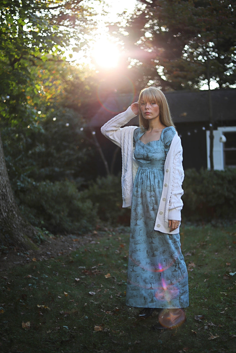 Onirik | Beatrice Maxi Dress With Sweetheart Neckline / Cottage Blue + Pewter Green Cotton Toile | ourCommonplace Onirik | Beatrice Maxi Dress With Sweetheart Neckline / Cottage Blue + Pewter Green Cotton Toile | ourCommonplace