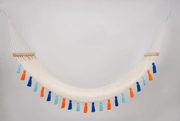 Deluxe Natural Cotton Hammock With Hue Inspired Tassels (Wooden Bar) - ourCommonplace