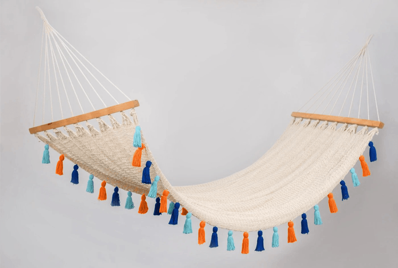 Deluxe Natural Cotton Hammock With Hue Inspired Tassels (Wooden Bar) - ourCommonplace