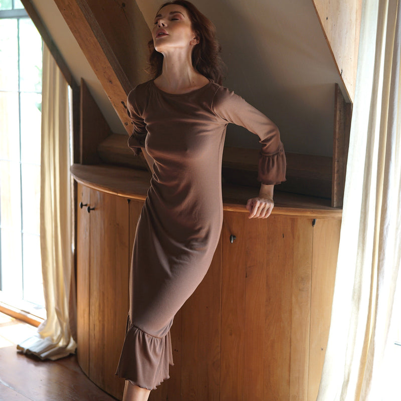 MARJORIE Ruffle Rib Dress, in Dark Brown - ourCommonplace