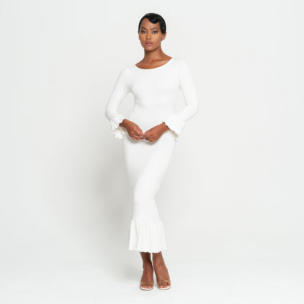 MARJORIE Bamboo Ruffle Dress, in Off-White - ourCommonplace