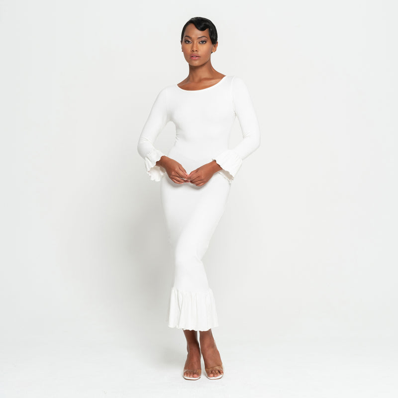 MARJORIE Bamboo Ruffle Dress, in Off-White - ourCommonplace