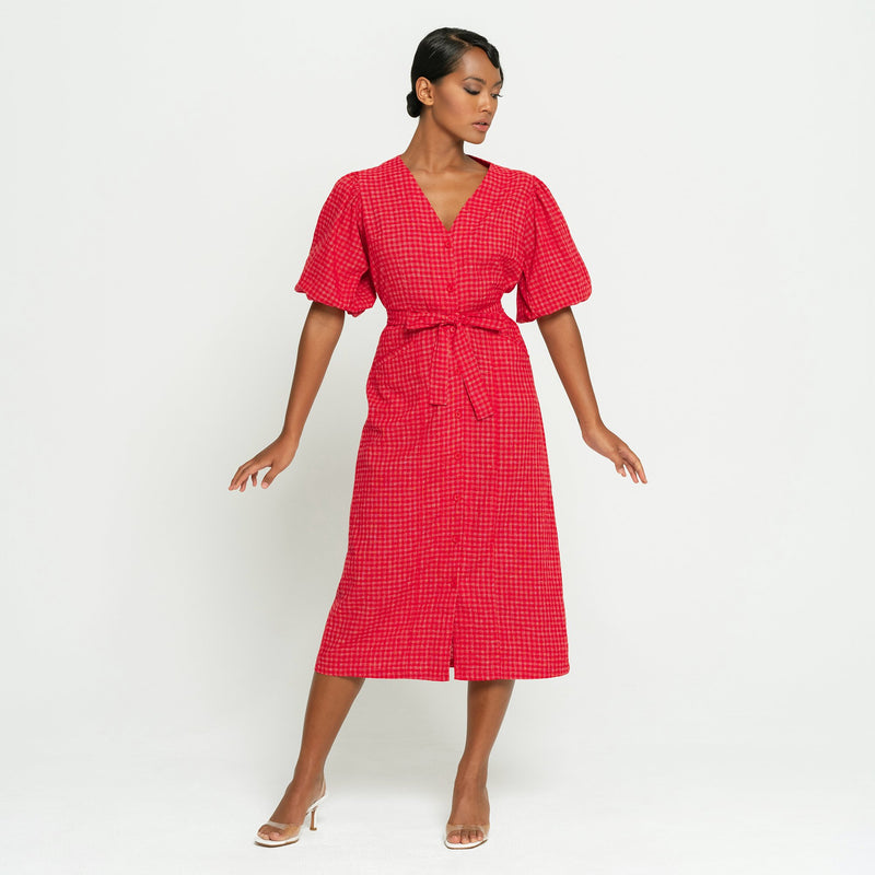 Meghan Gingham Hemp Midi Dress, in Scarlet Red - ourCommonplace
