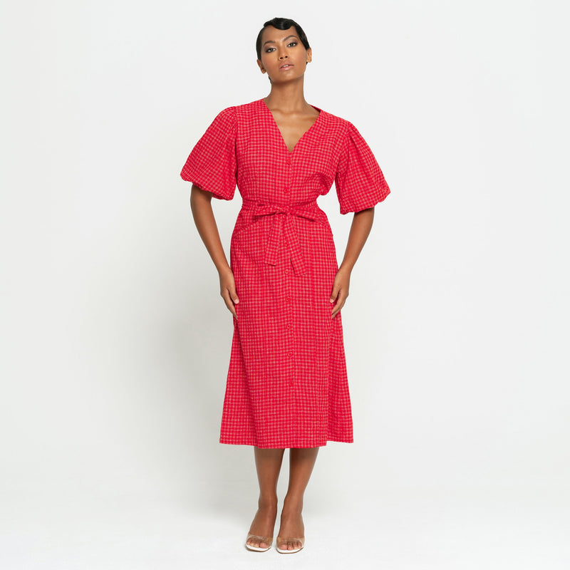 Meghan Gingham Hemp Midi Dress, in Scarlet Red - ourCommonplace