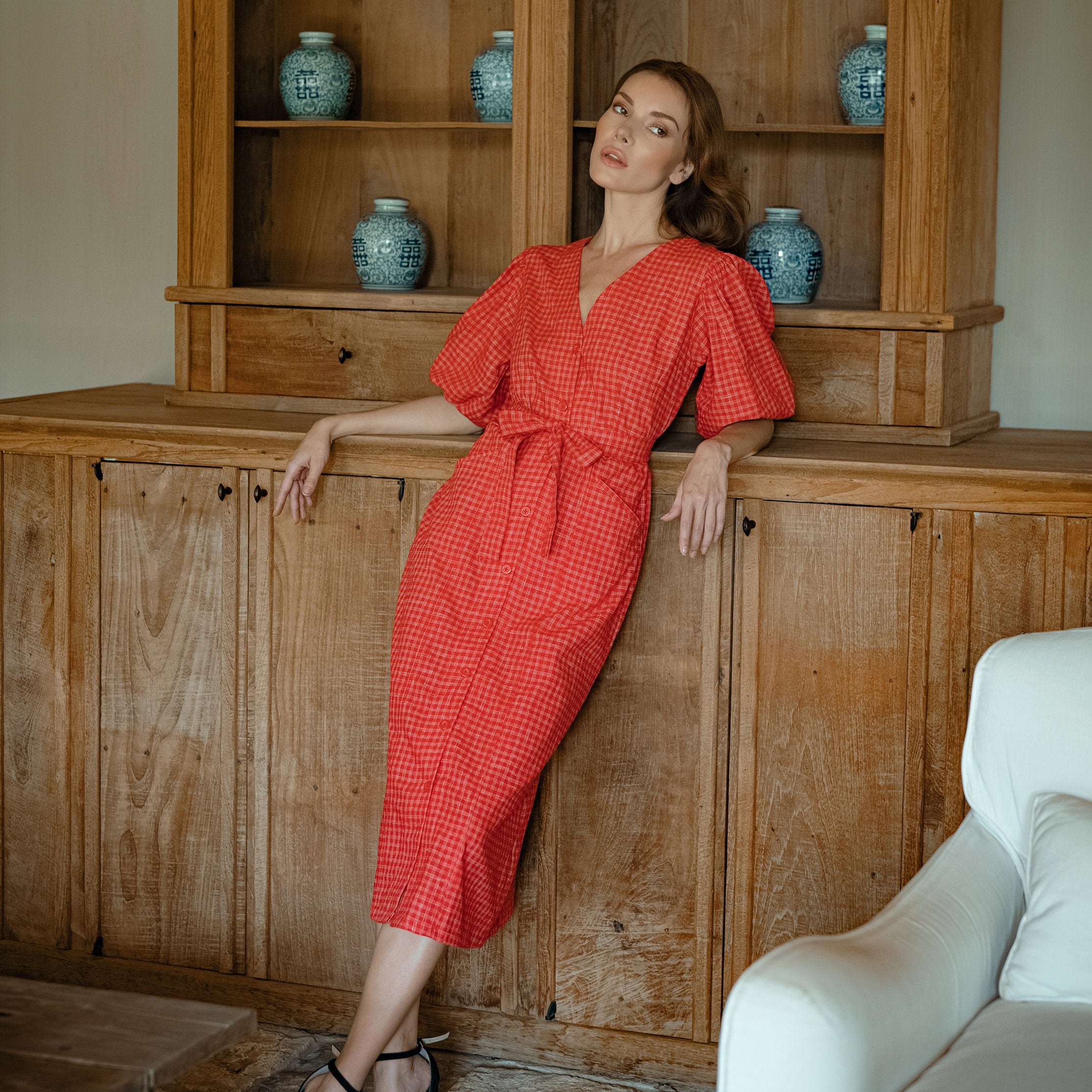 Meghan Gingham Hemp Midi Dress in Scarlet Red Medium