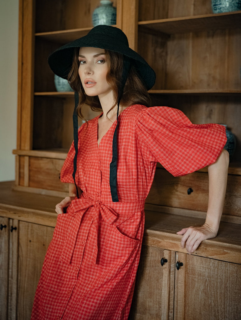Meghan Gingham Hemp Midi Dress, in Scarlet Red - ourCommonplace