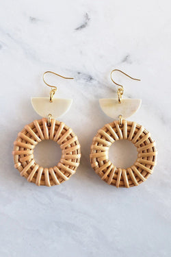 Ninh Binh 16K Gold Plated Brass Honey Horn & Rattan (Straw/Wicker) Crescent & Donut Earrings - ourCommonplace