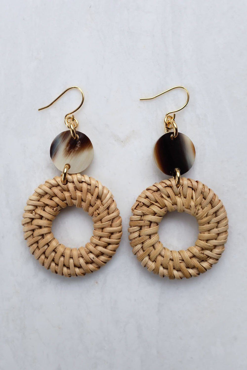 Nam Dinh 16K Gold Plated Natural Rattan (Straw/Wicker) & Mixed Colored Buffalo Horns Earrings - ourCommonplace