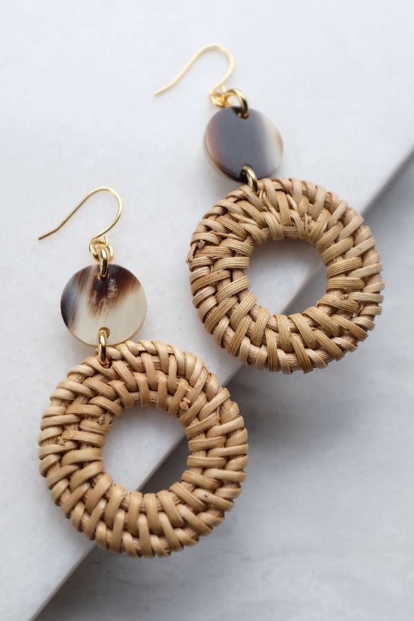 Nam Dinh 16K Gold Plated Natural Rattan (Straw/Wicker) & Mixed Colored Buffalo Horns Earrings - ourCommonplace