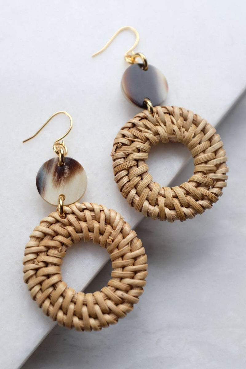 Nam Dinh 16K Gold Plated Natural Rattan (Straw/Wicker) & Mixed Colored Buffalo Horns Earrings - ourCommonplace